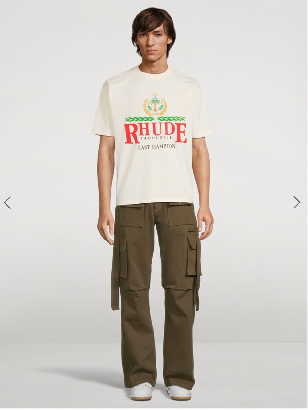 Rhude Cream Short-Sleeve Logo Tee with Red & Green Print